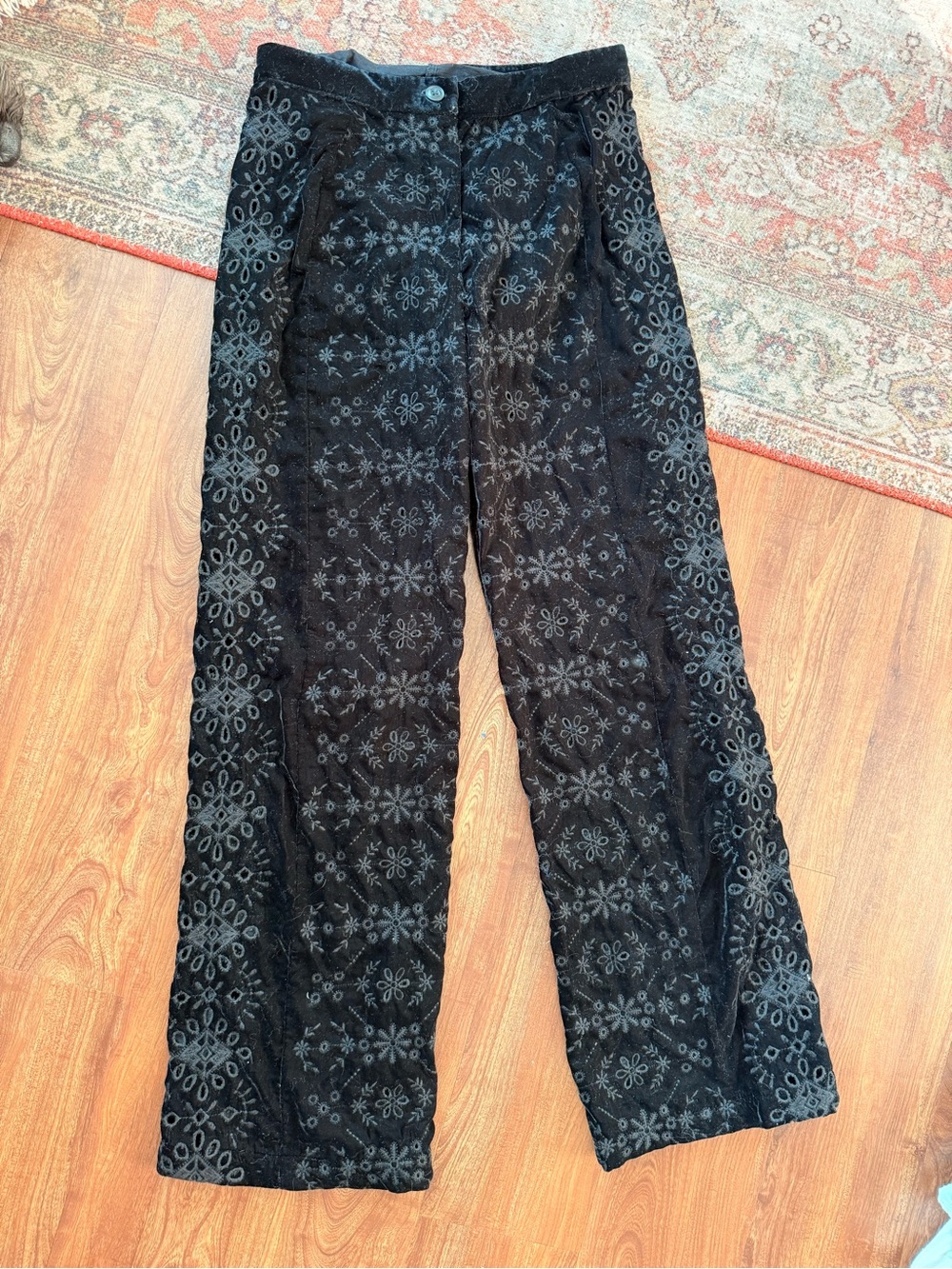 Zara Black Velvet Wide-Leg Patterned Pants